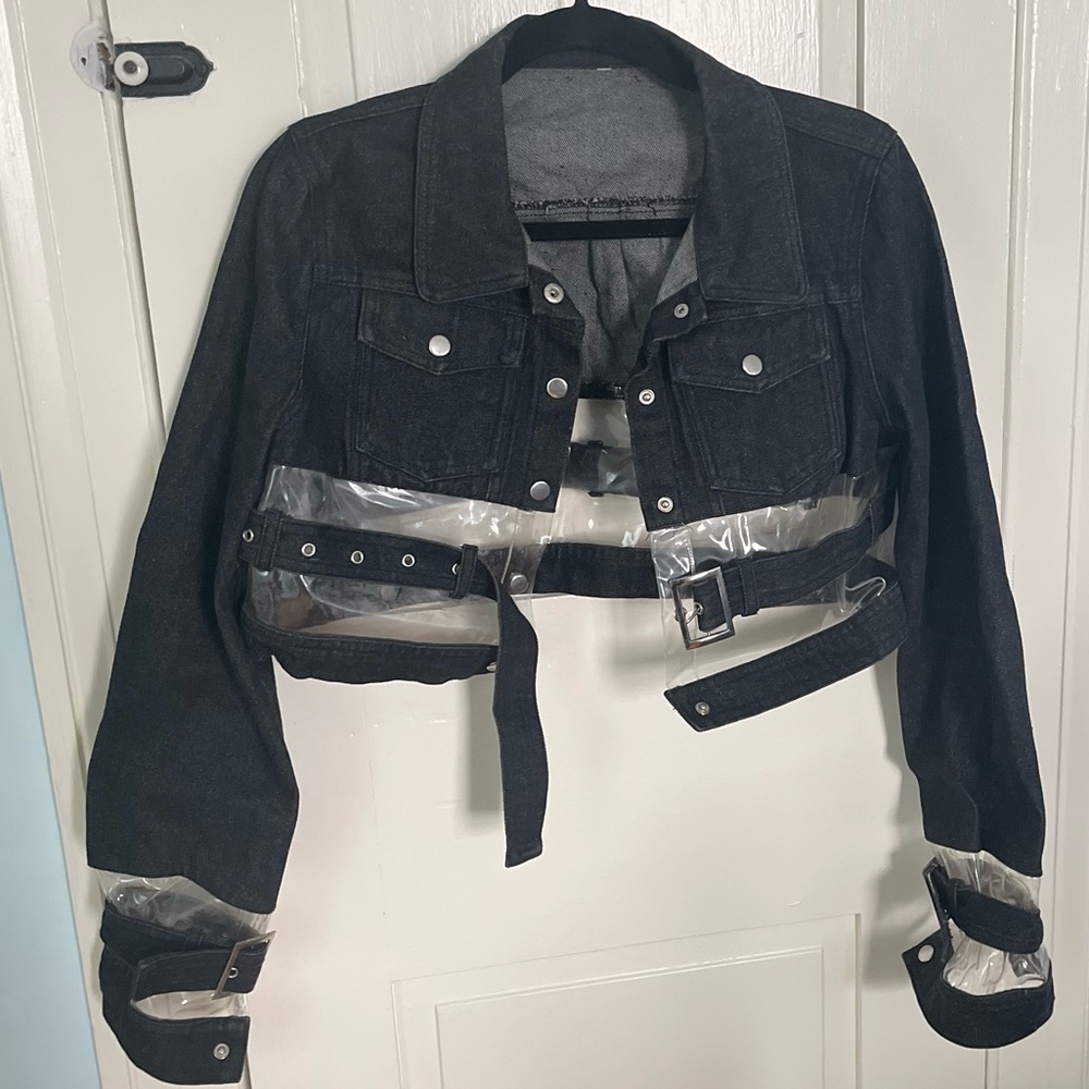 Cropped Color Blocked Jean Jacket with Clear PVC + Black Denim